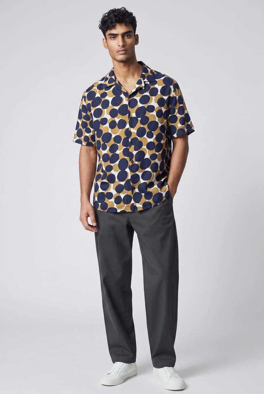 Denim & Flower Ricky Singh Navy Gold Polka Dot Short Sleeve Shirt Size M